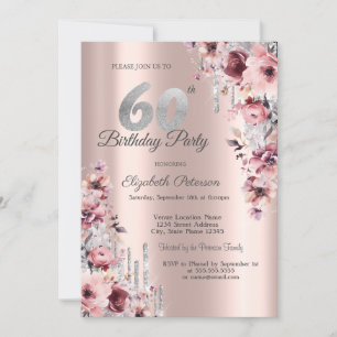 Glitter Drips Rose Gold Pink Floral 60th Birthday Invitation