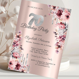 Glitter Drips Rose Gold Pink Floral 70th Birthday  Invitation