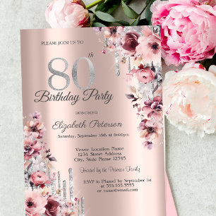 Glitter Drips Rose Gold Pink Floral 80th Birthday Invitation
