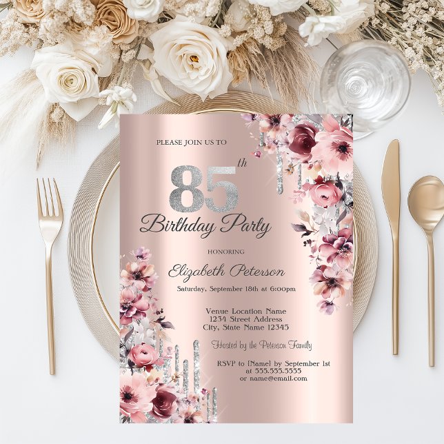 Glitter Drips Rose Gold Pink Floral 85th Birthday  Invitation (Creator Uploaded)