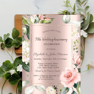 Glitter Drips Rose Gold Roses Wedding Anniversary Invitation