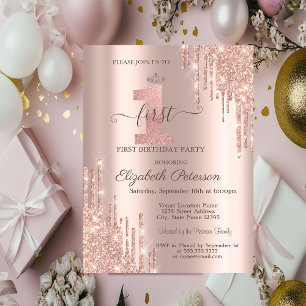 Glitter Drips Rose Gold Silver Tiara 1st Birthday Invitation