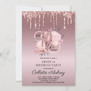 Glitter Drips Rose Gold Sweet 16 Birthday Invitation