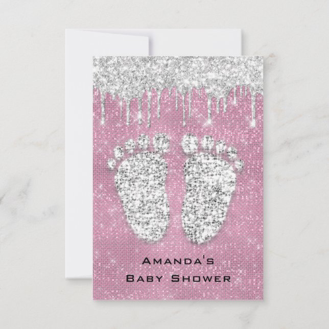 Glitter Drips Rose Grey Baby Girl Shower Feet Pink Invitation (Back)