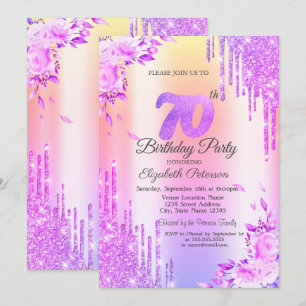Glitter Drips,Roses,Violet 70th Birthday Invitation
