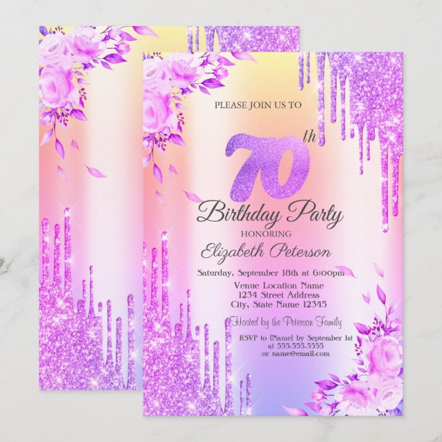 Glitter Drips,Roses,Violet 70th Birthday  Invitation (Front/Back)