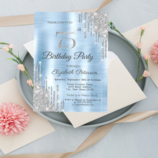  Glitter Drips Silver 75th Birthday   Invitation (Creator Uploaded)