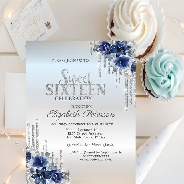 Glitter Drips Silver Blue Flowers Sweet 16  Invitation (Creator Uploaded)