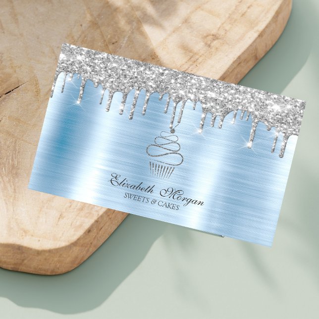 Glitter Drips Silver Cupcake Bakery Blue Metallic Business Card (Creator Uploaded)