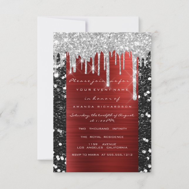 Glitter Drips Silver Red Black Bridal Sweet 16th   Invitation (Front)