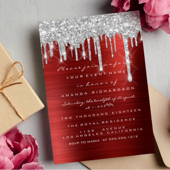 Glitter Drips Silver Red Ruby Bridal Sweet 16th Invitation (Glitter Drips Silver Red Ruby Bridal Sweet 16th Invitation)
