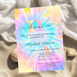 Glitter Drips Tie Dye 11th Birthday Invitation