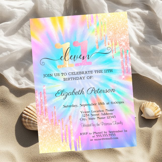 Glitter Drips Tie Dye 11th Birthday Invitation (Creator Uploaded)