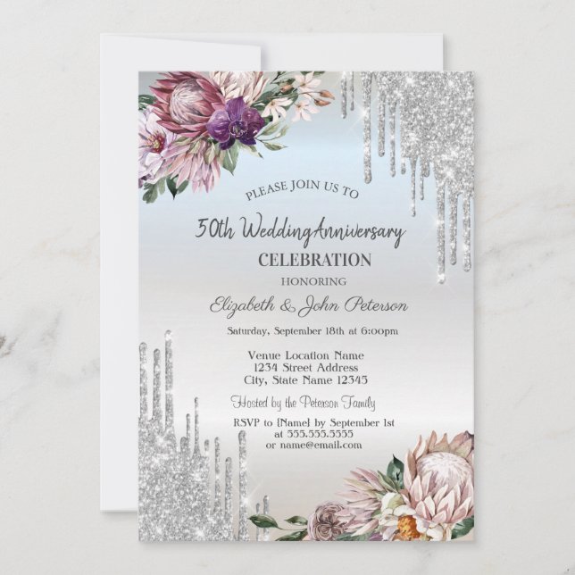 Glitter Drips,Tropical Flowers Silver Wedding  Invitation (Front)