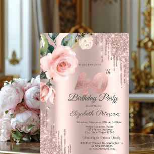 Glitter Drips Watercolor Roses 40th Birthday Invitation