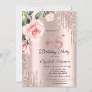 Glitter Drips Watercolor Roses 65th Birthday Invitation