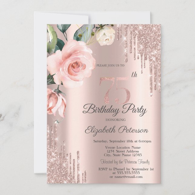Glitter Drips Watercolor Roses 75th Birthday   Invitation (Front)
