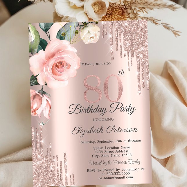 Glitter Drips Watercolor Roses 80th Birthday   Invitation (Creator Uploaded)