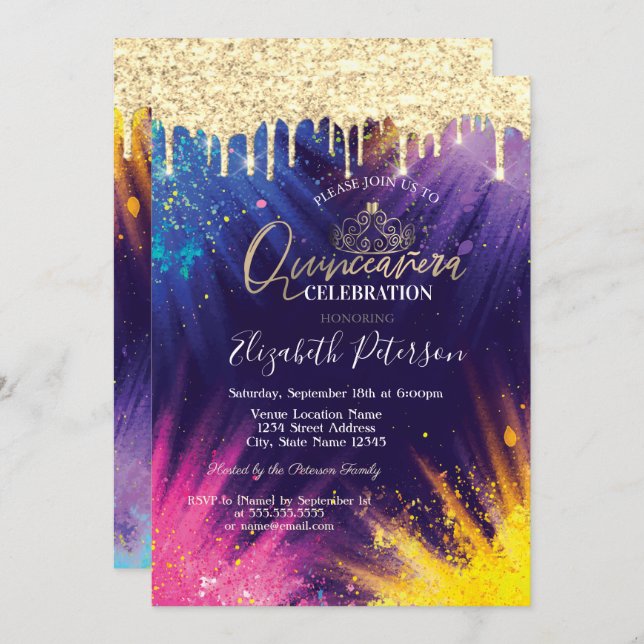 Glitter Drips Watercolor Splash Quinceañera Invitation (Front/Back)