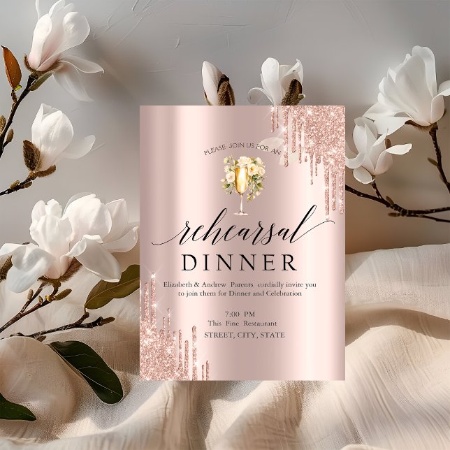  Glitter Drips Wine Glass Flowers Rehearsal Dinner Invitation (Creator Uploaded)