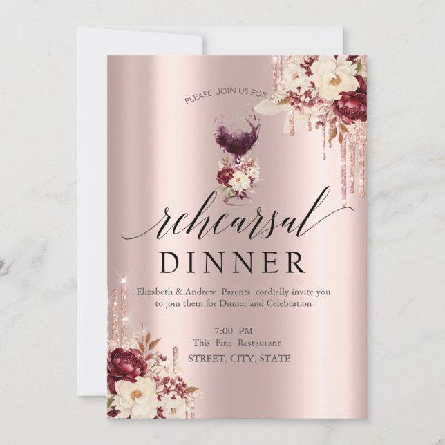 Glitter Drips Wine Glass Roses Rehearsal Dinner Invitation (Front)