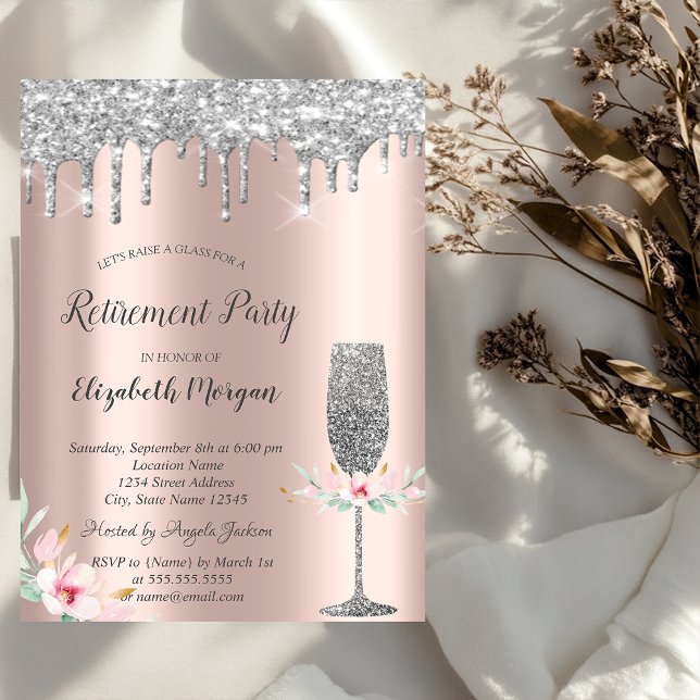 Glitter Drops,Glass, Floral Rose Gold Retirement Invitation (Creator Uploaded)