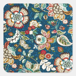 Glitter Effect Floral on Dark Blue Square Sticker