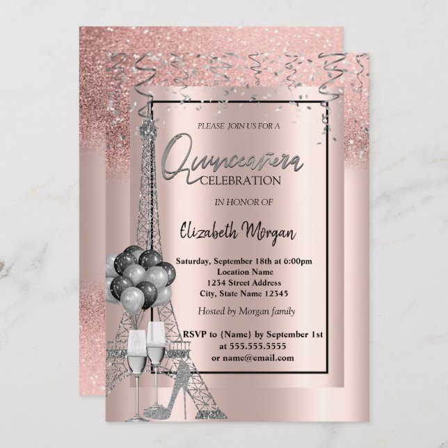 Glitter Eiffel Balloons Rose Gold Quinceañera Invitation (Front/Back)
