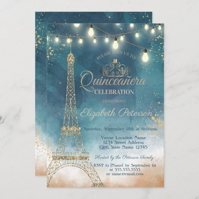 Glitter Eiffel Tower,Tiara Watercolor  Quinceañera Invitation (Front/Back)