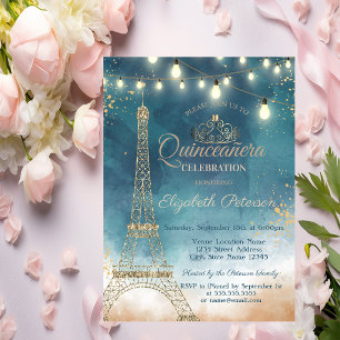 Glitter Eiffel Tower,Tiara Watercolor  Quinceañera Invitation