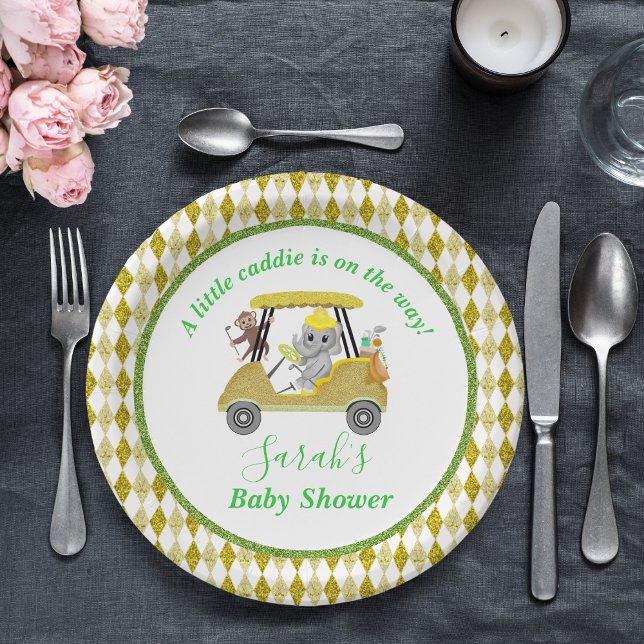 Glitter Elephant & Monkey Golf Baby Shower Return Paper Plate (Creator Uploaded)