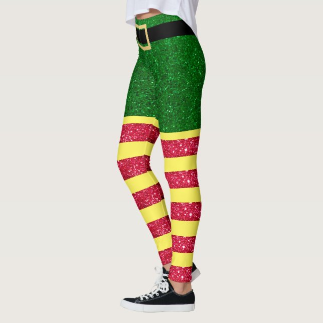 Glitter Elf Christmas Red Green Yellow Leggings (Left)