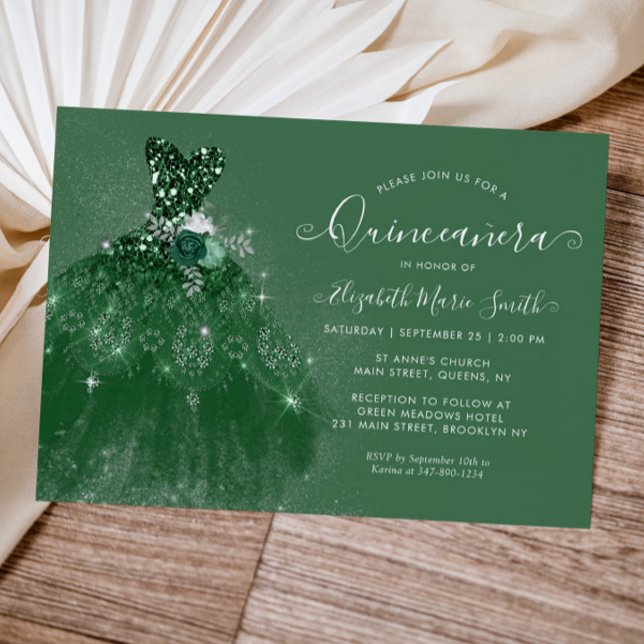 Glitter Emerald Green Silver Dress Quinceanera Invitation (Creator Uploaded)