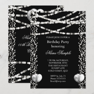 Glitter Faux Foil Silver Balloons Black Birthday Invitation