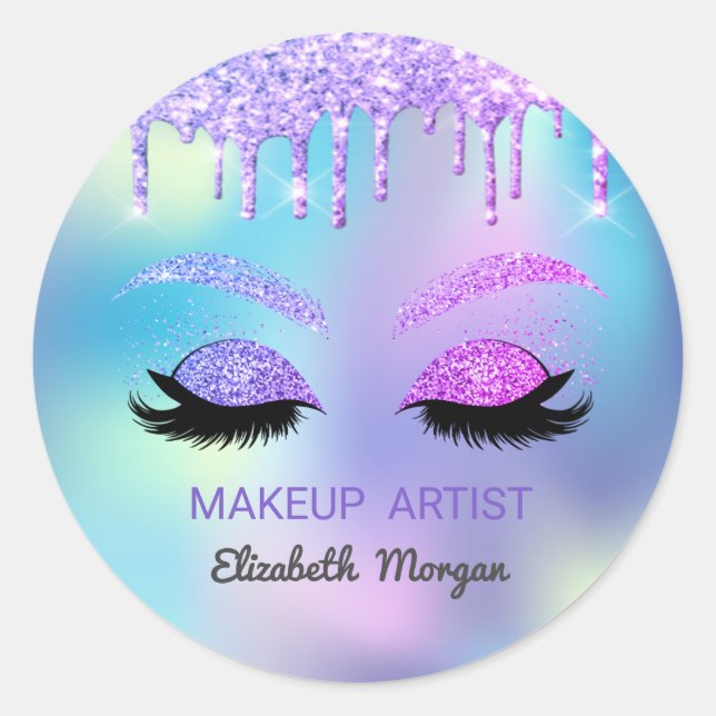 Glitter Faux Lashes, Drips Holographic Classic Round Sticker (Front)