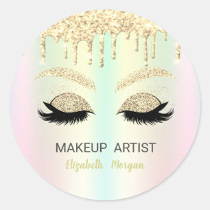 Glitter Faux Lashes,Gold Drips Holographic Classic Round Sticker