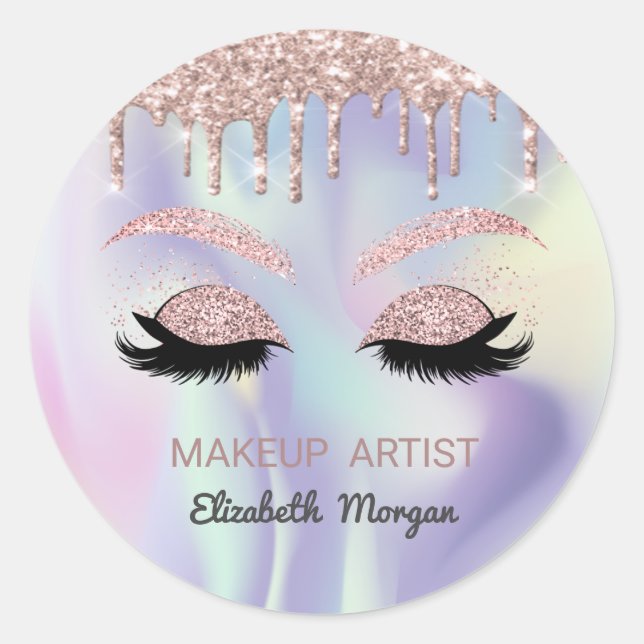 Glitter Faux Lashes,Rose Gold Drips Holographic Classic Round Sticker (Front)