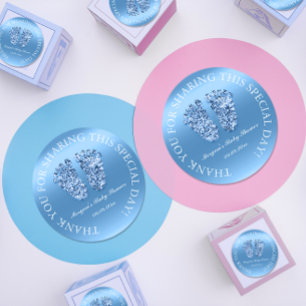 Glitter Feet Baby Shower Favour Thank You Blue Boy Classic Round Sticker