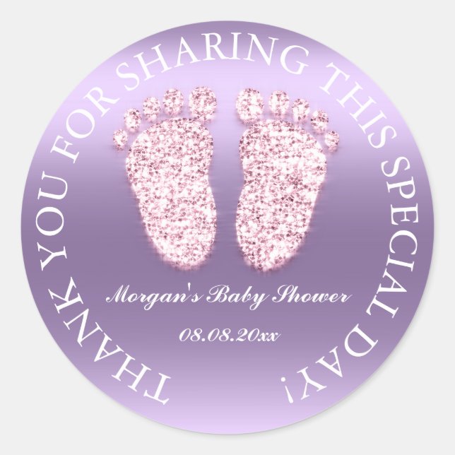 Glitter Feet Baby Shower Favour Thank You Purple Classic Round Sticker (Front)