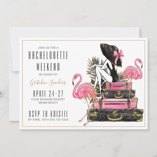 Glitter Flamingo Bachelorette Party Weekend Invitation (Front)