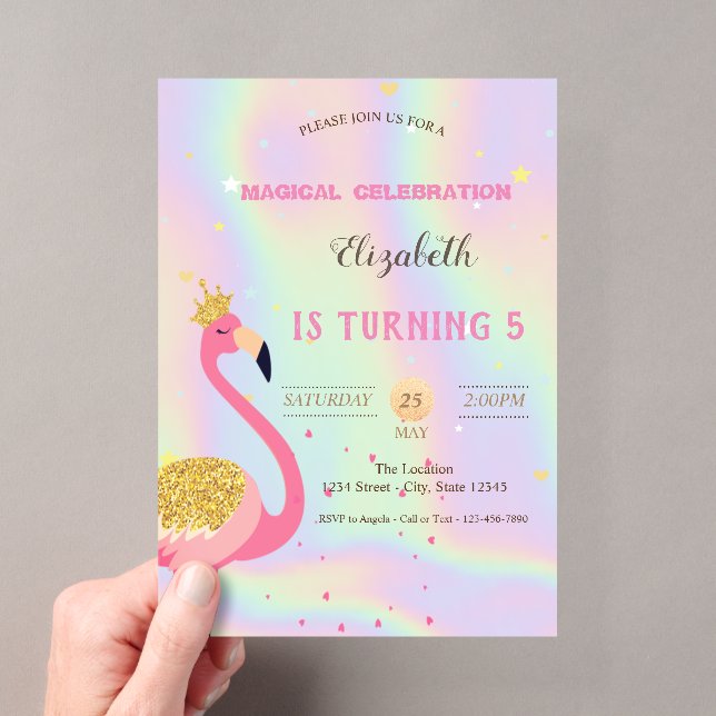 Glitter Flamingo, Holographic Birthday Acrylic Invitations (Insitu (Handheld))