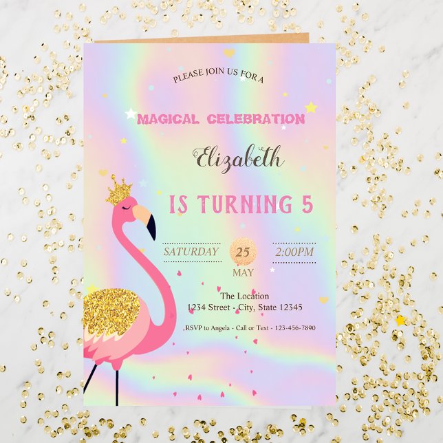 Glitter Flamingo, Holographic Birthday Invitation (Creator Uploaded)