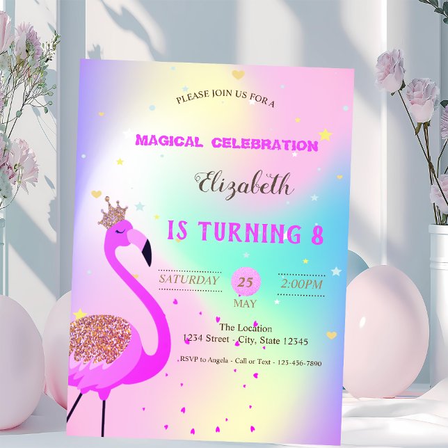 Glitter Flamingo, Ombre Holographic Birthday Invitation (Creator Uploaded)
