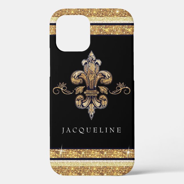 Glitter Fleur de Lis Gold Black French Your Name  Case-Mate iPhone Case (Back)