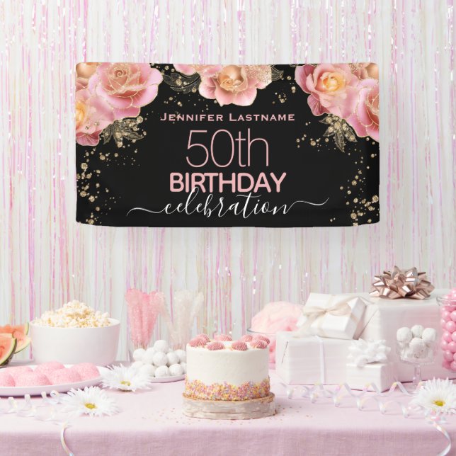 Glitter Floral Any Year Birthday Party Banner (Party)