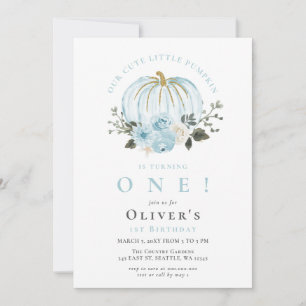 Glitter Floral Blue Pumpkin Boy Fall Birthday Invitation