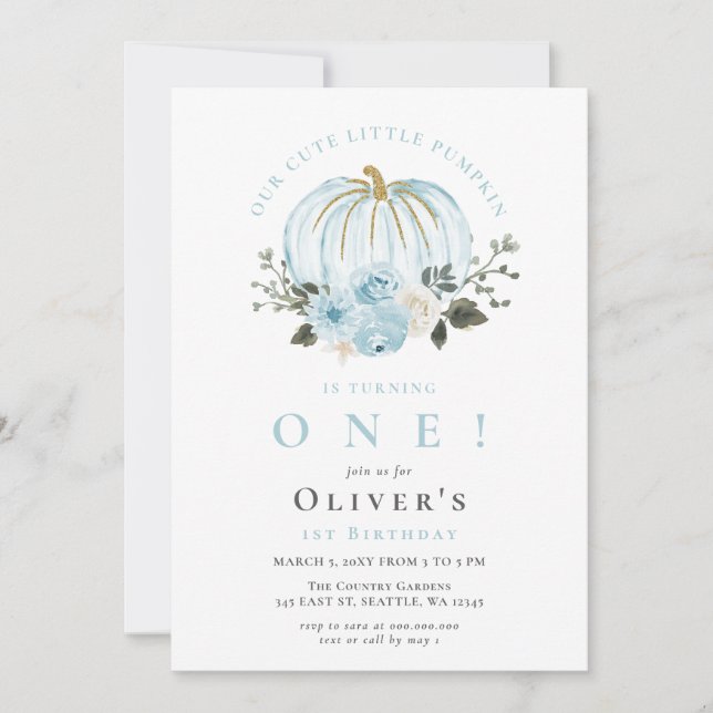 Glitter Floral Blue Pumpkin Boy Fall Birthday  Invitation (Front)