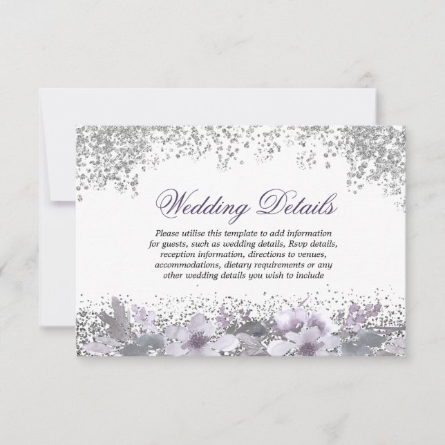Glitter Floral Purple Wedding Reception Details Invitation (Front)