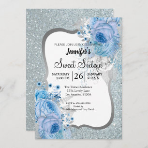 Glitter Floral Sweet 16 Birthday Invitation