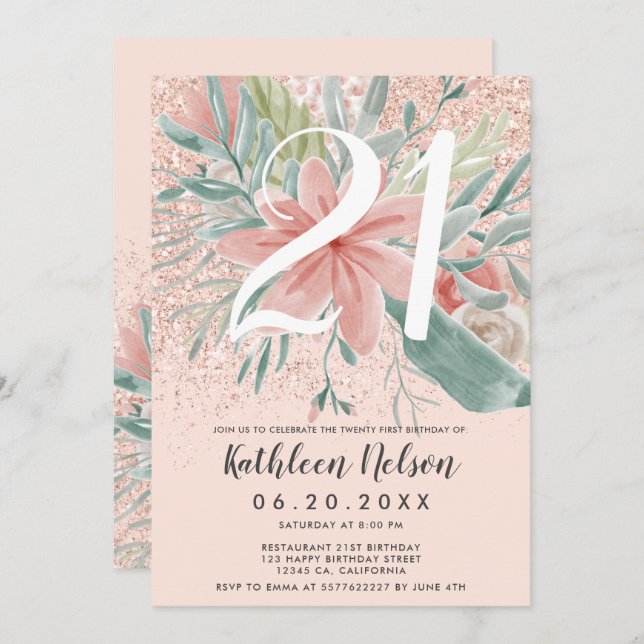 Glitter floral watercolor blush pink 21st birthday invitation (Front/Back)